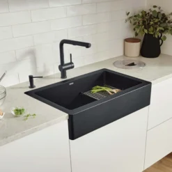 Blanco Vintera 30" Granite Composite Workstation Farmhouse Sink, Silgranit, Coal Black, 526545