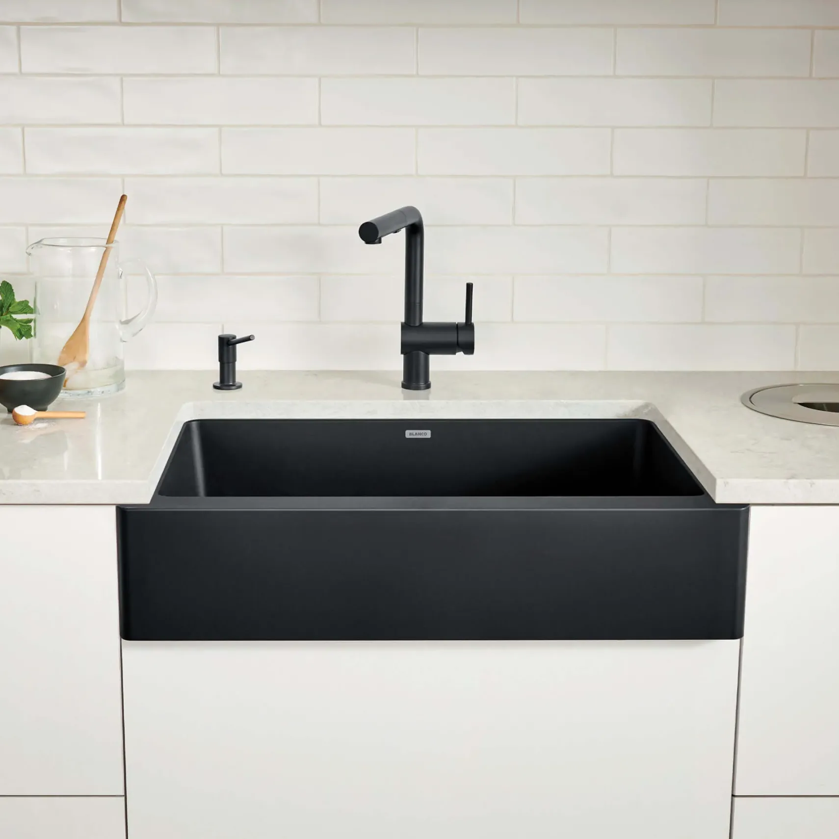 Blanco Vintera 30" Granite Composite Workstation Farmhouse Sink, Silgranit, Coal Black, 526545