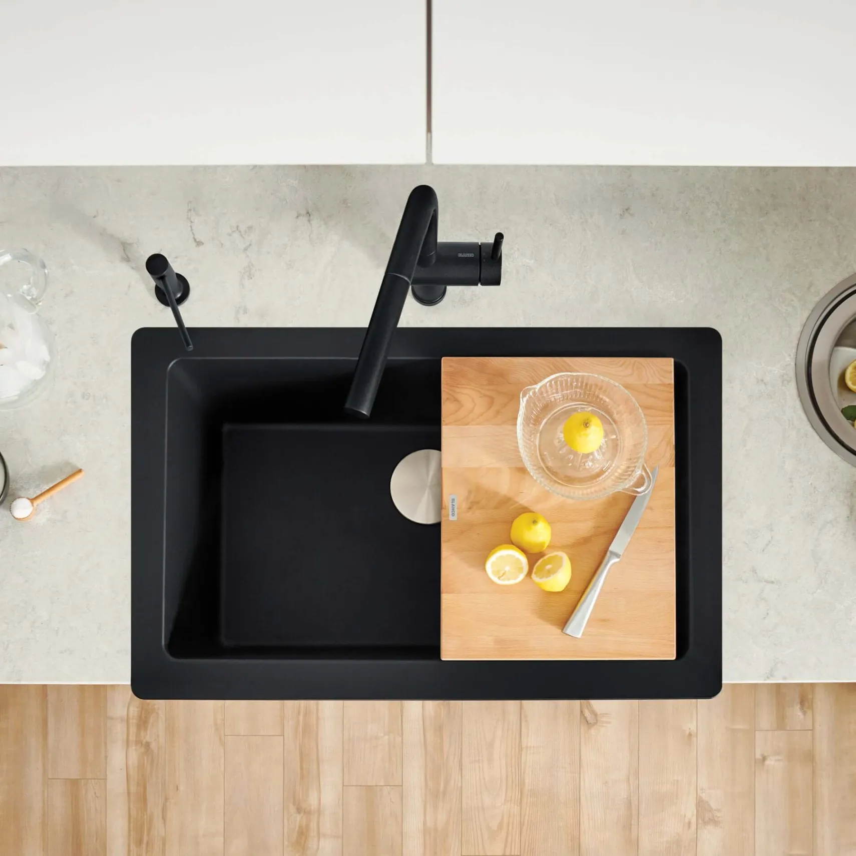 Blanco Vintera 30" Granite Composite Workstation Farmhouse Sink, Silgranit, Coal Black, 526545