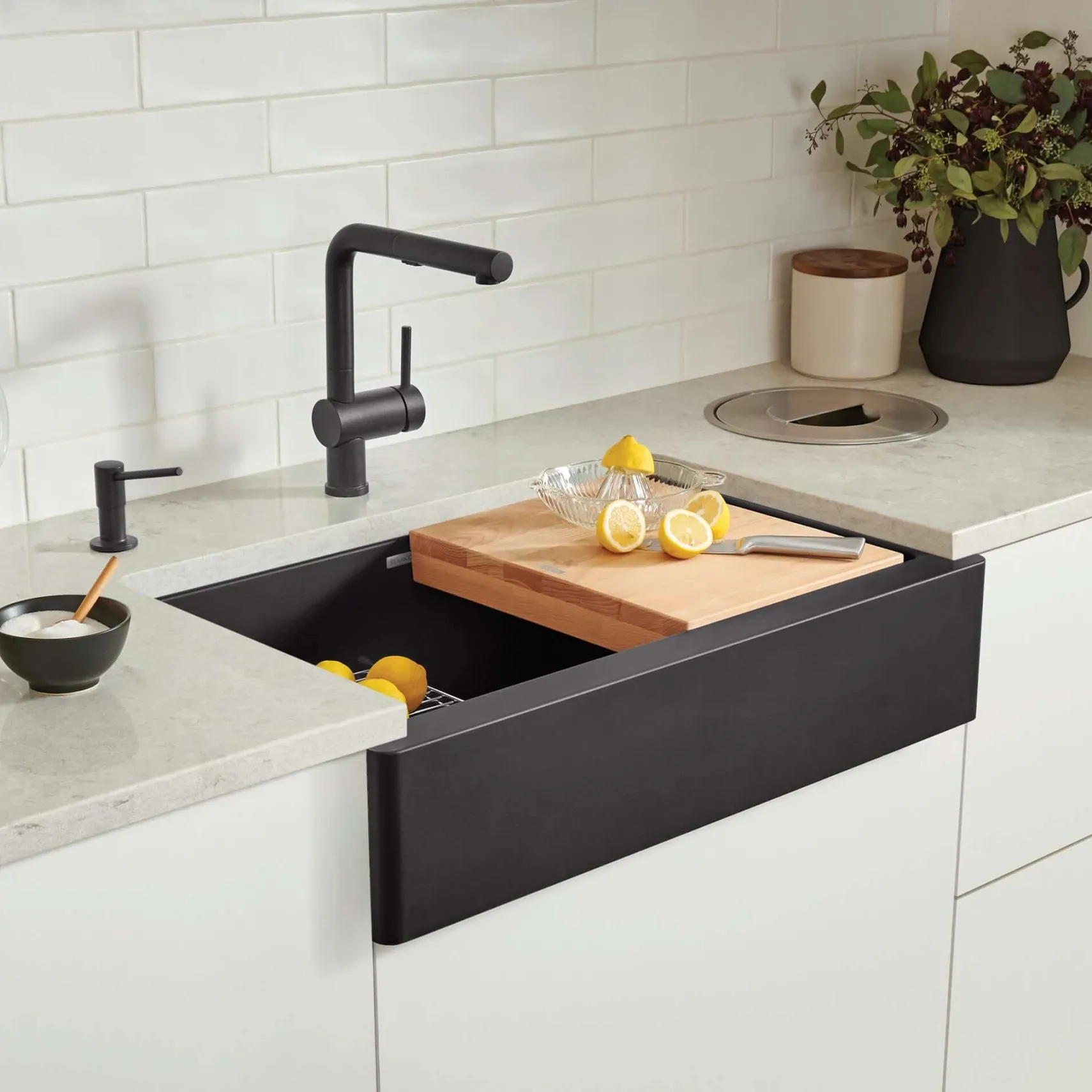 Blanco Vintera 30" Granite Composite Workstation Farmhouse Sink, Silgranit, Coal Black, 526545