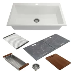 BOCCHI Baveno Lux 34" Dual Mount Granite Workstation Kitchen Sink Kit with Accessories, Milk White, 1616-507-0126HP