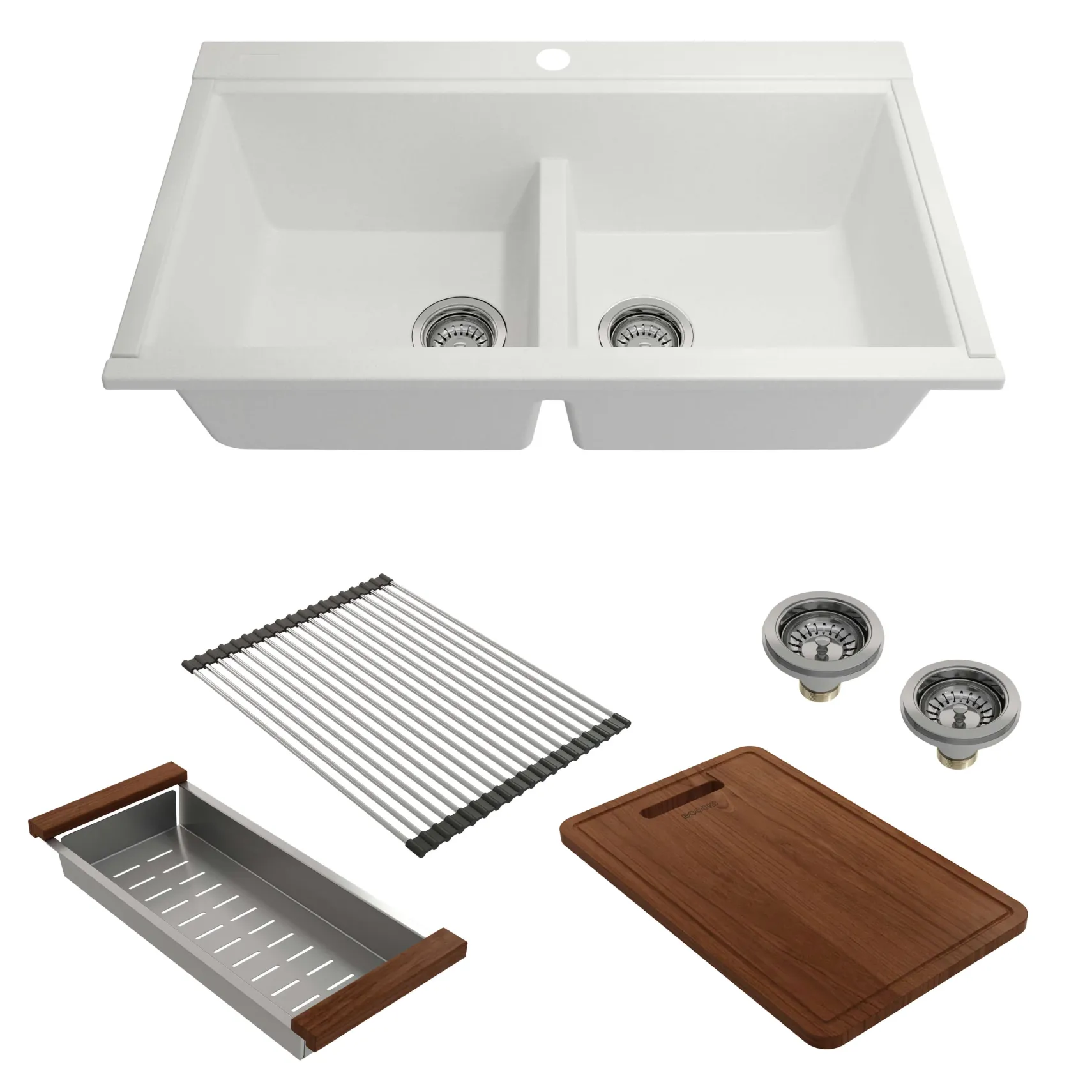 BOCCHI Baveno Lux 34" Undermount Granite Workstation Kitchen Sink Kit with Accessories, 50/50 Double Bowl, Milk White, 1618-507-0126