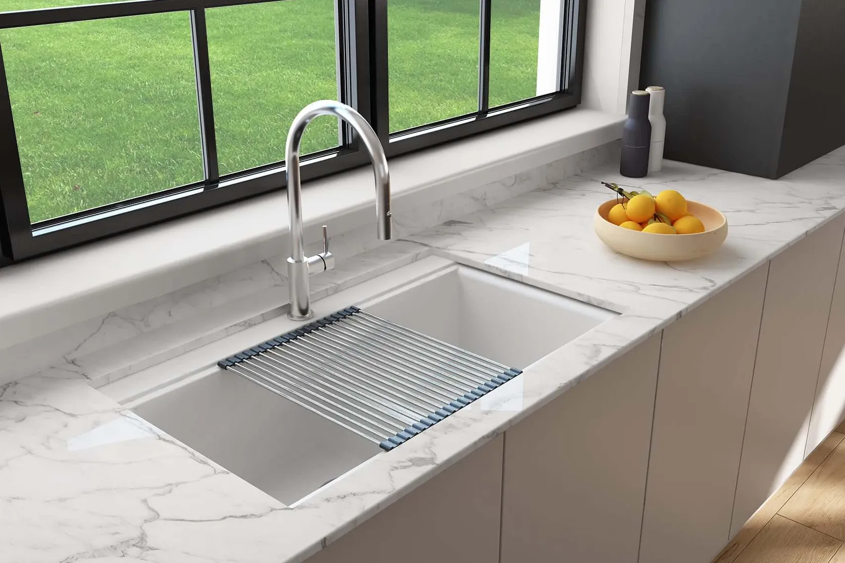 BOCCHI Baveno Lux 34" Undermount Granite Workstation Kitchen Sink Kit with Accessories, 50/50 Double Bowl, Milk White, 1618-507-0126