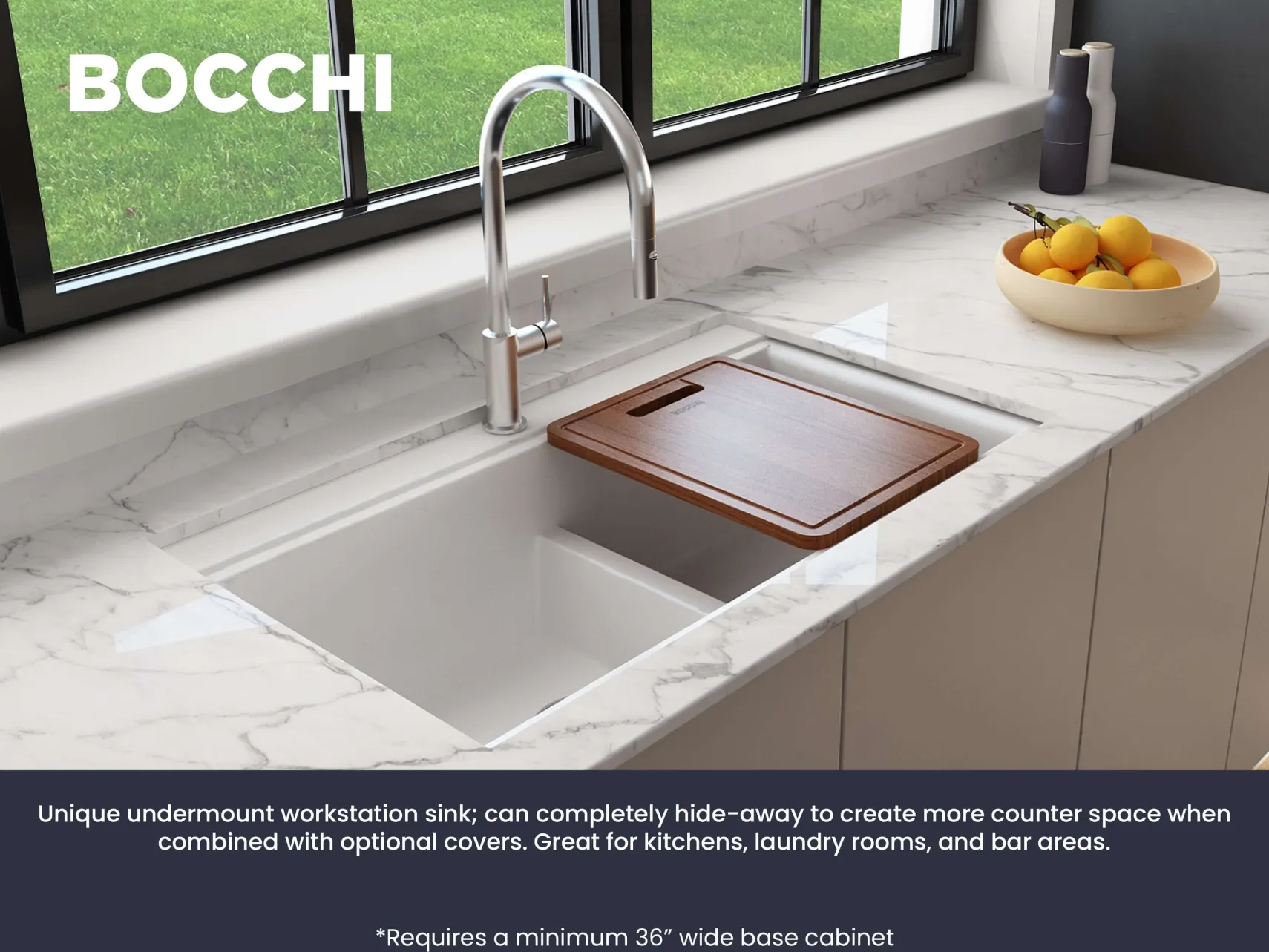 BOCCHI Baveno Lux 34" Undermount Granite Workstation Kitchen Sink Kit with Accessories, 50/50 Double Bowl, Milk White, 1618-507-0126