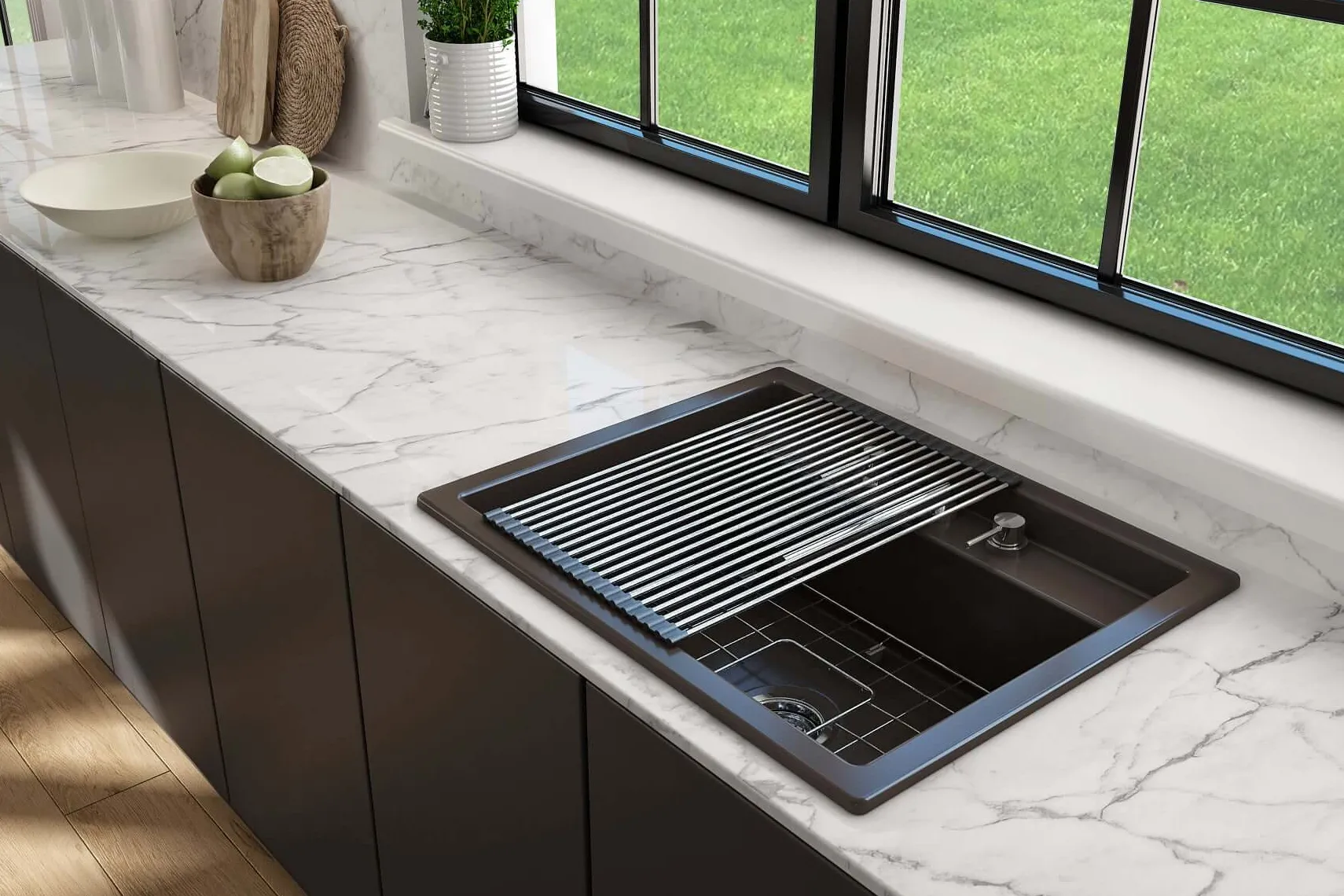 BOCCHI Baveno Uno 27" Dual Mount Fireclay Workstation Kitchen Sink Kit with Accessories, Matte Brown, 1633-025-0127