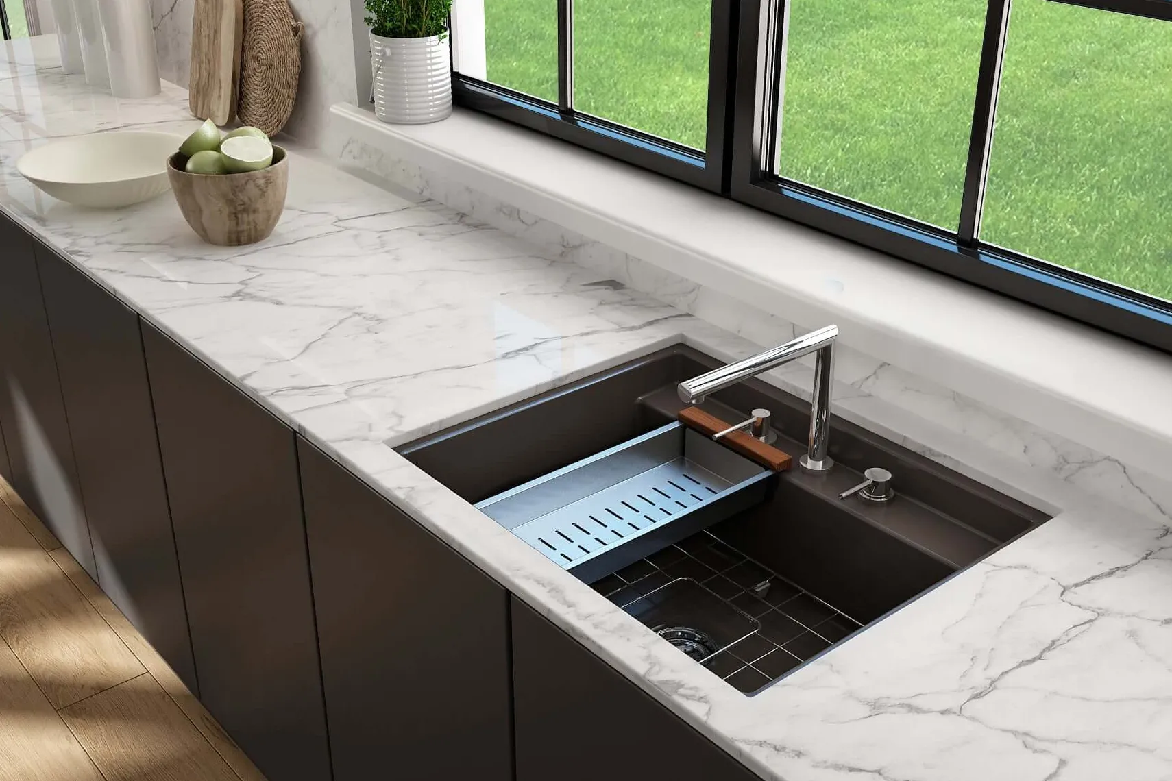 BOCCHI Baveno Uno 27" Dual Mount Fireclay Workstation Kitchen Sink Kit with Accessories, Matte Brown, 1633-025-0127