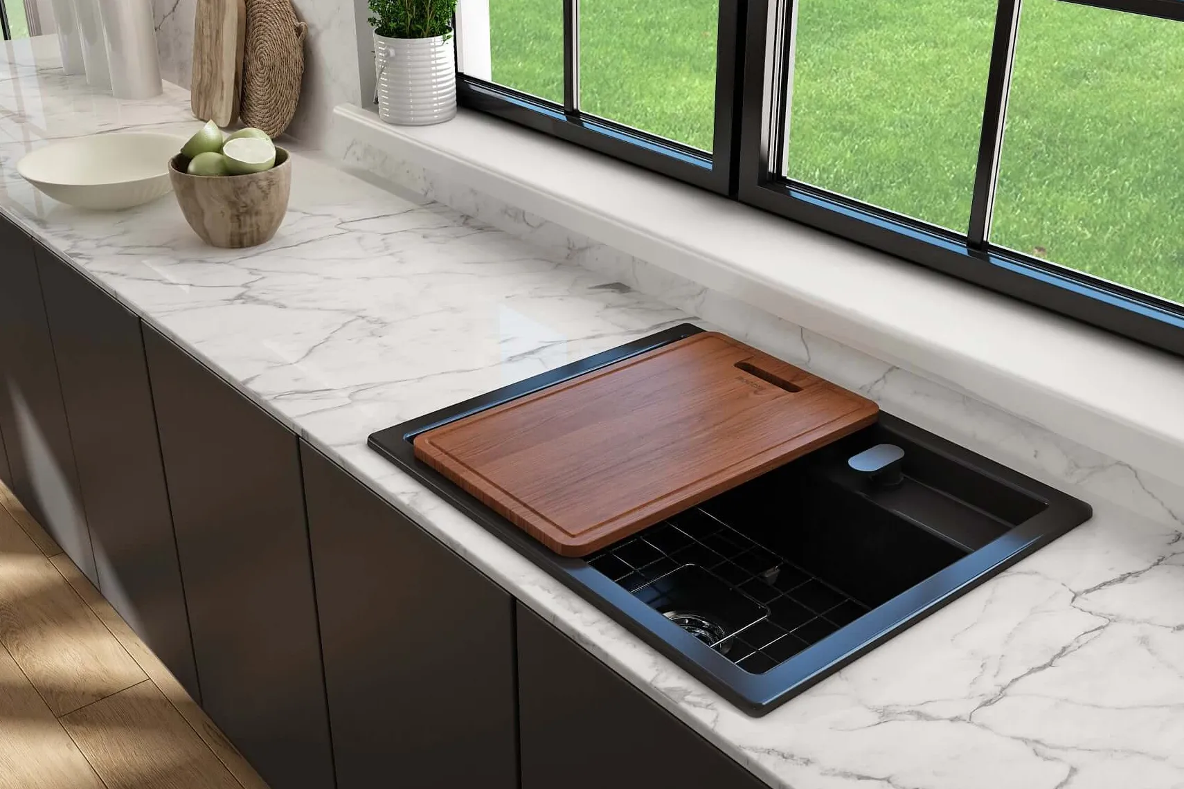 BOCCHI Baveno Uno 27" Dual Mount Fireclay Workstation Kitchen Sink Kit with Accessories, Matte Black, 1633-004-0132