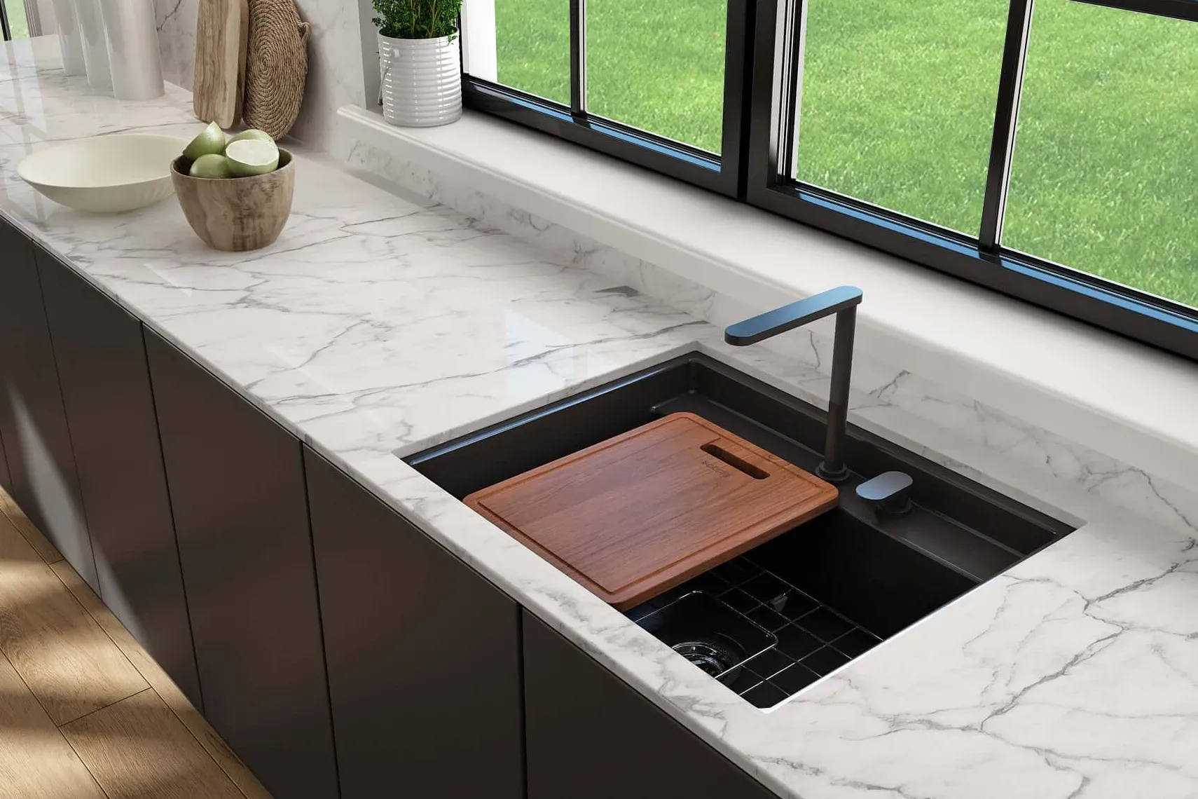 BOCCHI Baveno Uno 27" Dual Mount Fireclay Workstation Kitchen Sink Kit with Accessories, Matte Black, 1633-004-0132
