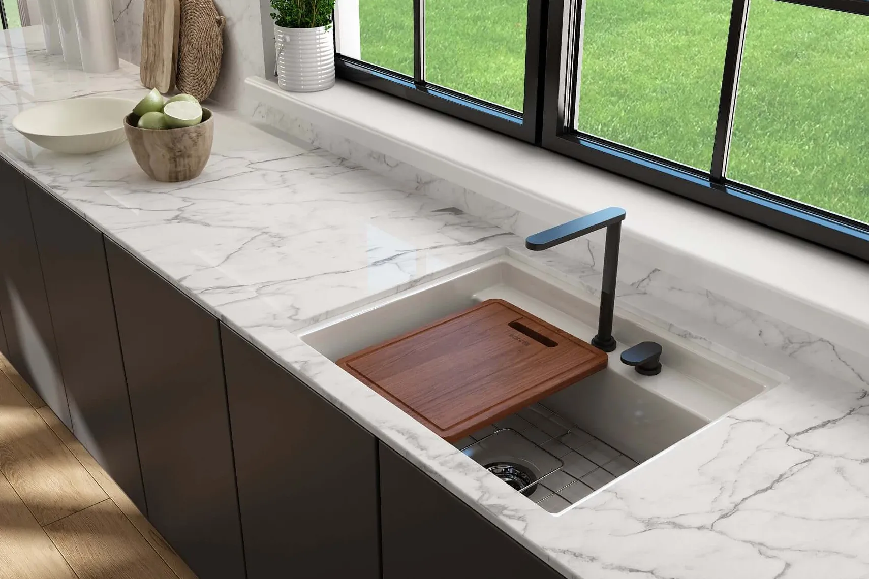 BOCCHI Baveno Uno 27" Dual Mount Fireclay Workstation Kitchen Sink Kit with Accessories, Biscuit, 1633-014-0132