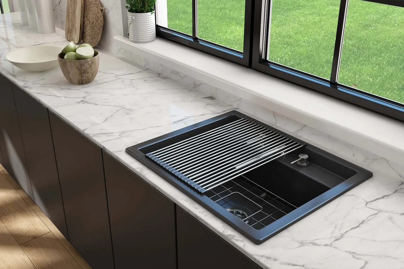 BOCCHI Baveno Uno 27" Dual Mount Fireclay Workstation Kitchen Sink Kit with Accessories, Matte Dark Gray, 1633-020-0127