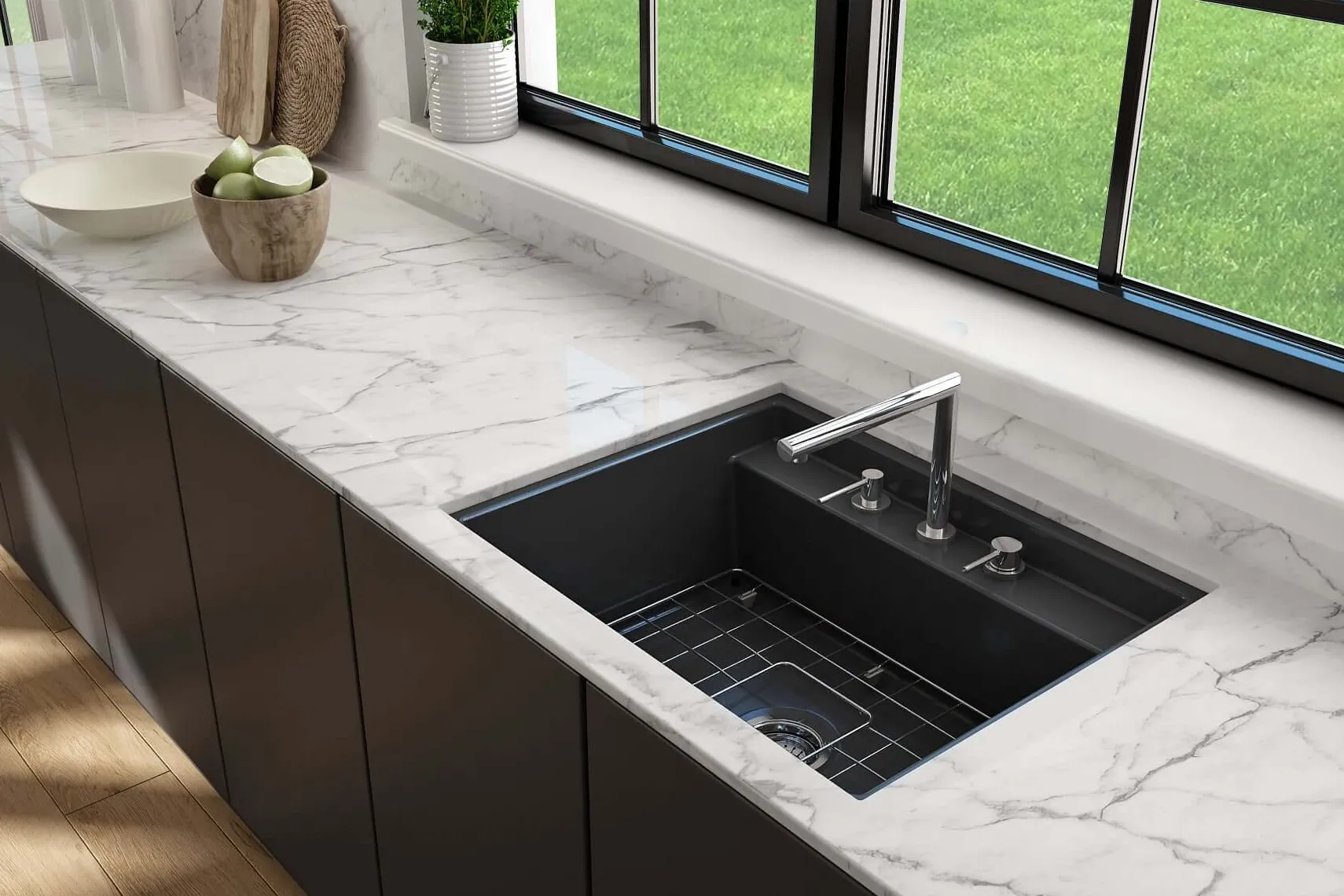 BOCCHI Baveno Uno 27" Dual Mount Fireclay Workstation Kitchen Sink Kit with Accessories, Matte Dark Gray, 1633-020-0127