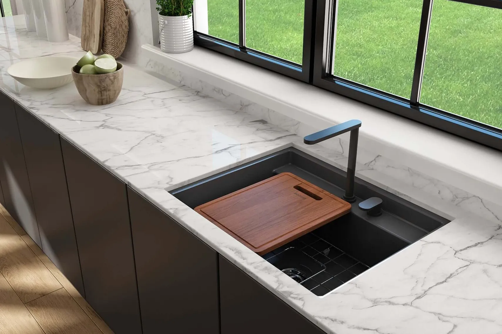 BOCCHI Baveno Uno 27" Dual Mount Fireclay Workstation Kitchen Sink Kit with Accessories, Matte Dark Gray, 1633-020-0132