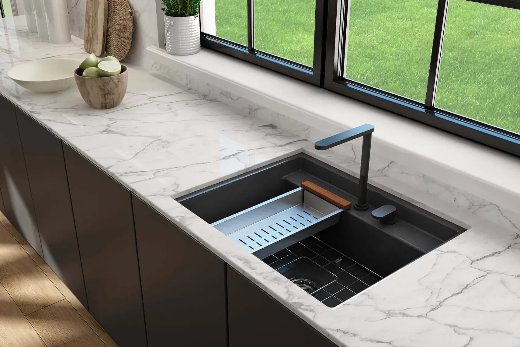 BOCCHI Baveno Uno 27" Dual Mount Fireclay Workstation Kitchen Sink Kit with Accessories, Matte Dark Gray, 1633-020-0132