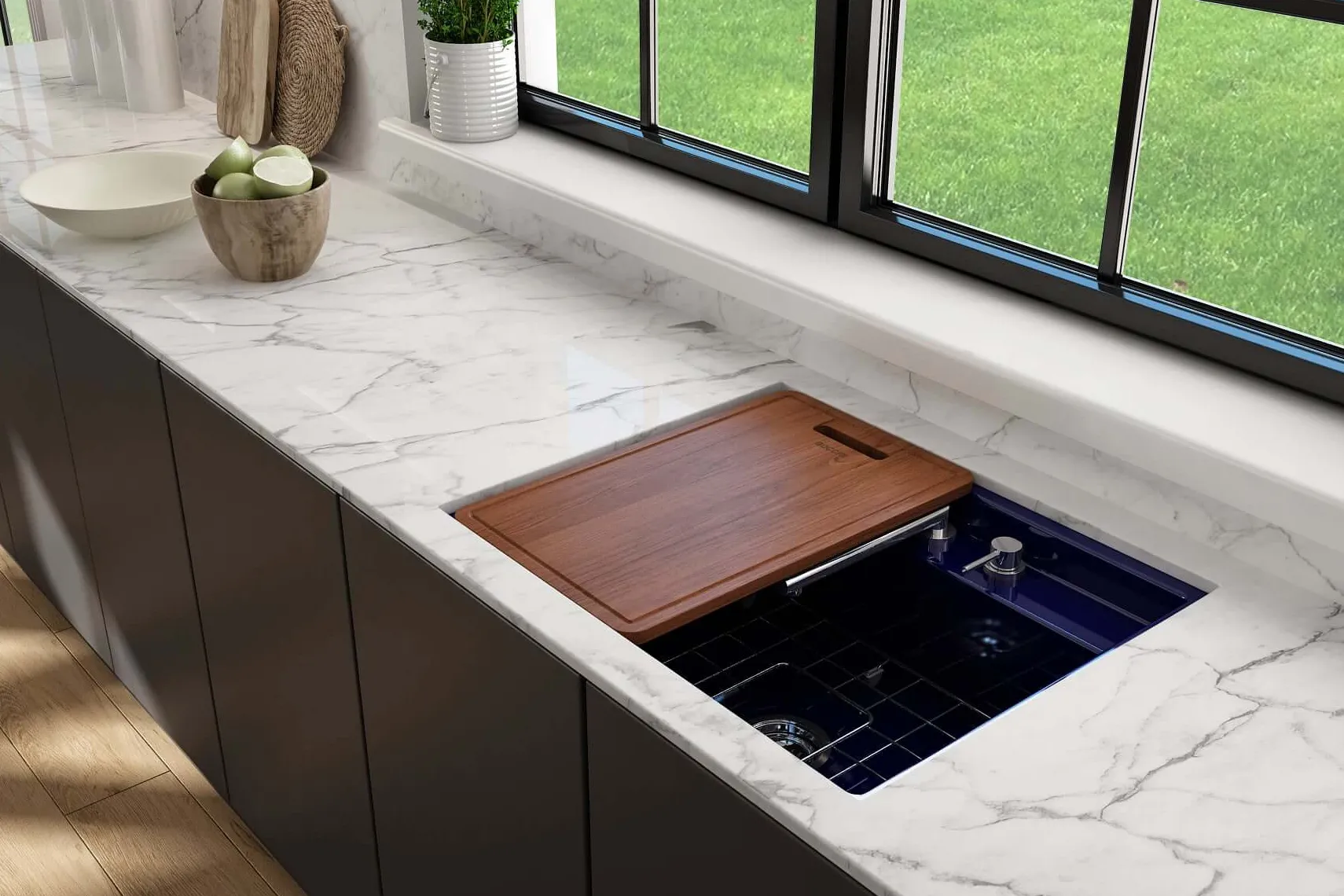 BOCCHI Baveno Uno 27" Dual Mount Fireclay Workstation Kitchen Sink Kit with Accessories, Sapphire Blue, 1633-010-0127