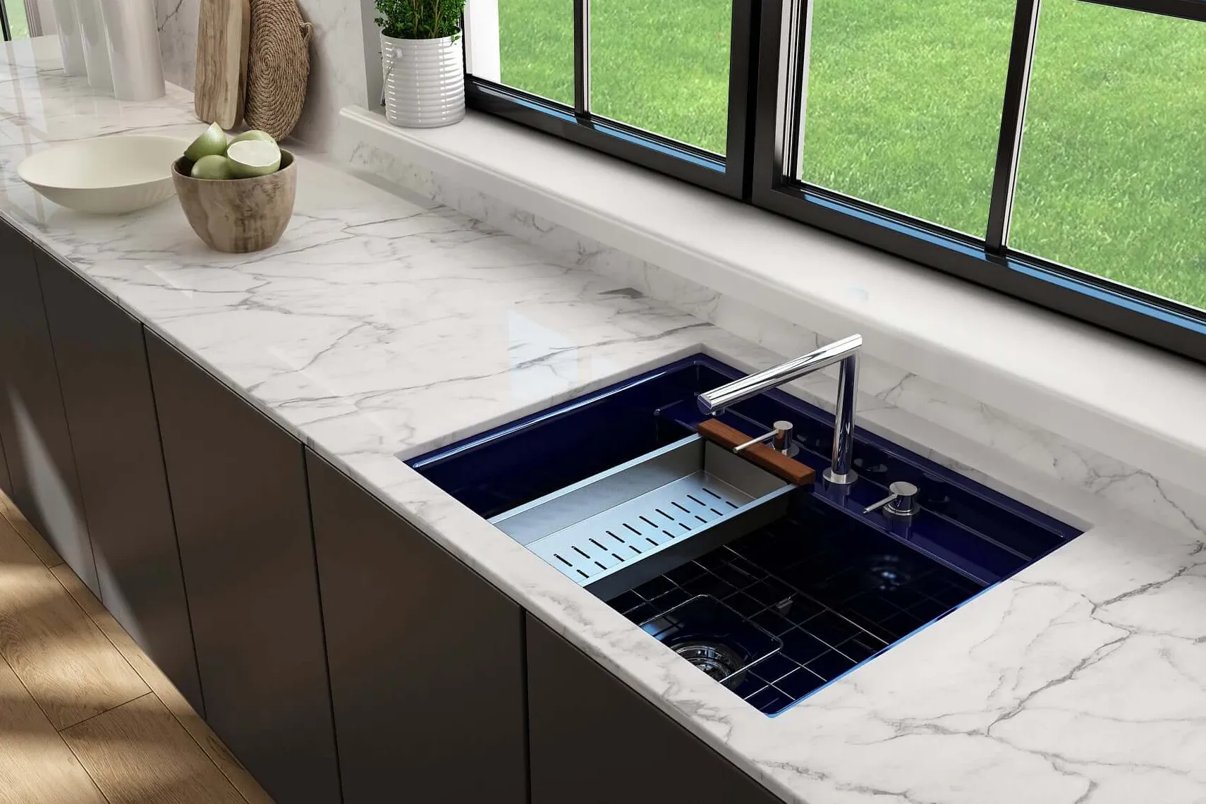 BOCCHI Baveno Uno 27" Dual Mount Fireclay Workstation Kitchen Sink Kit with Accessories, Sapphire Blue, 1633-010-0127