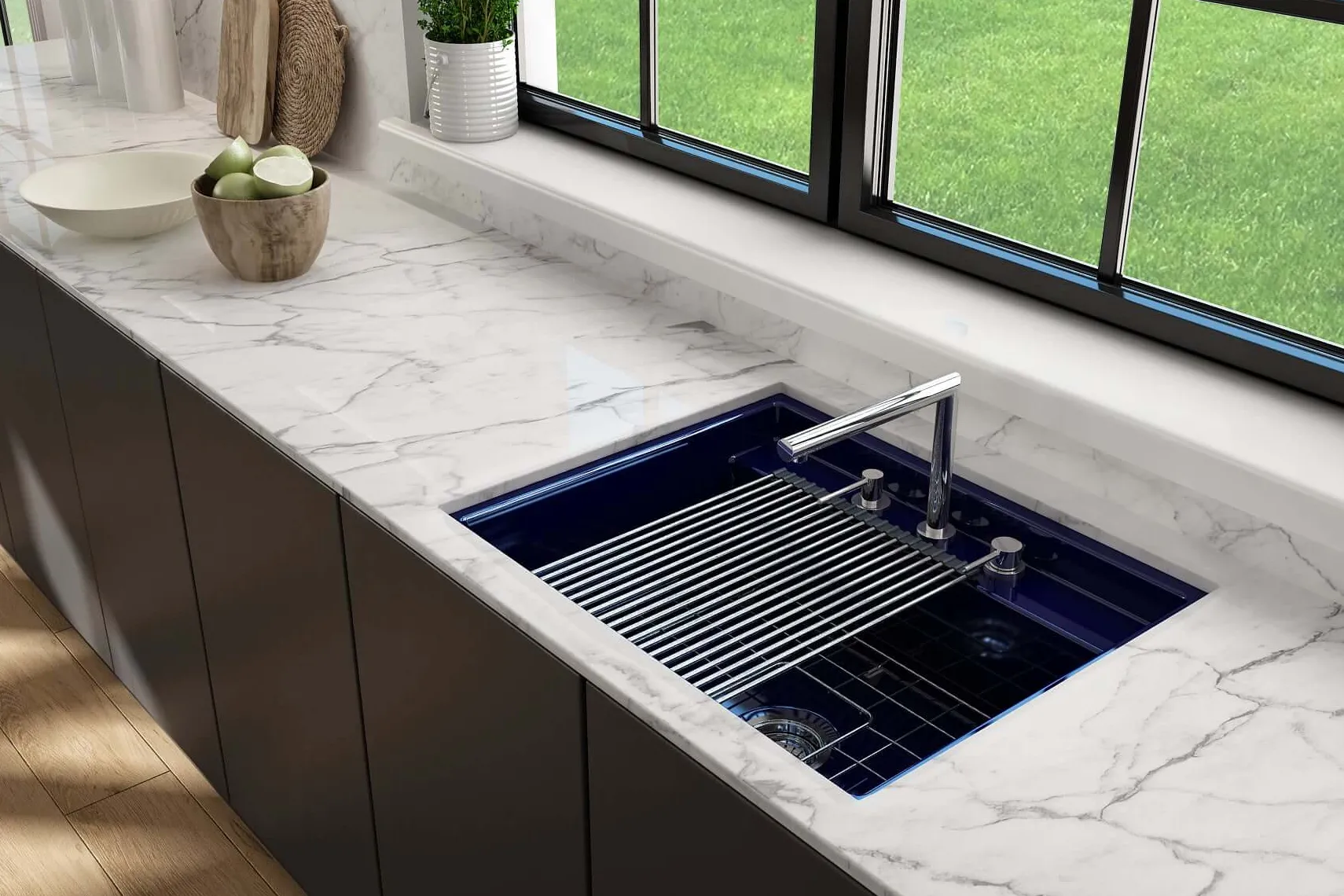 BOCCHI Baveno Uno 27" Dual Mount Fireclay Workstation Kitchen Sink Kit with Accessories, Sapphire Blue, 1633-010-0127