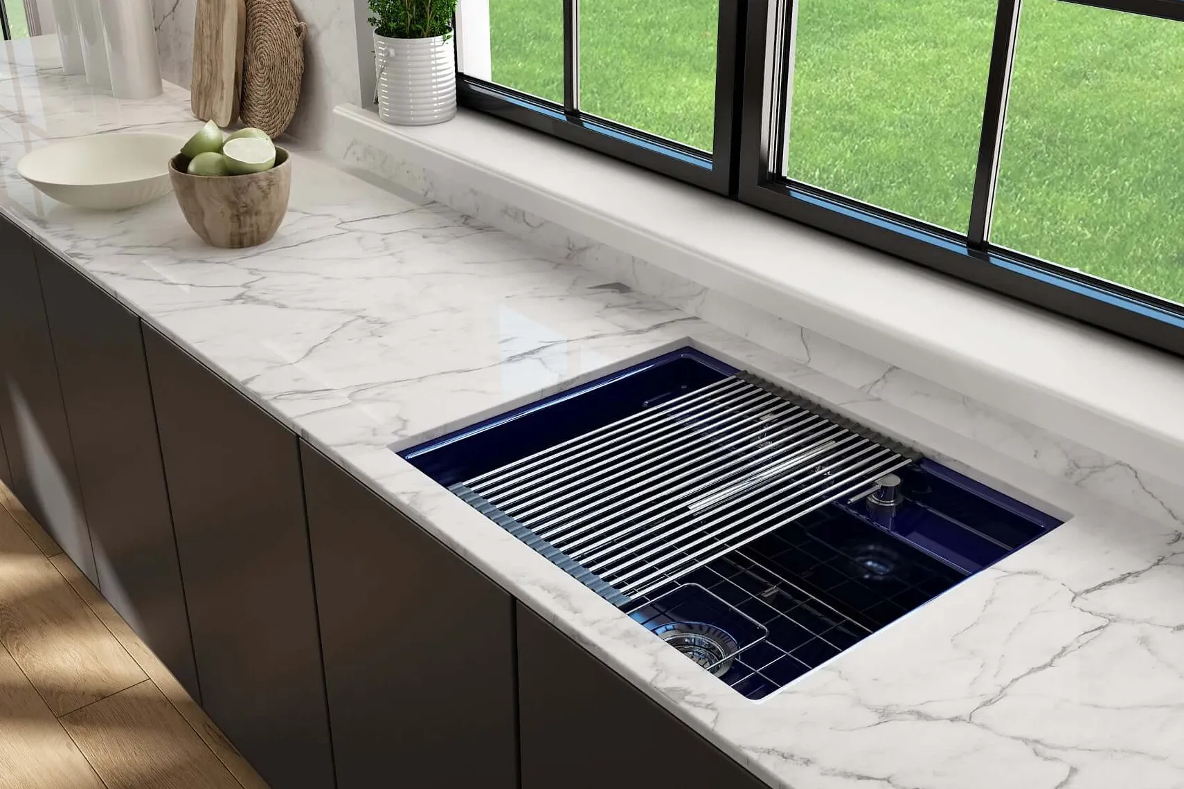 BOCCHI Baveno Uno 27" Dual Mount Fireclay Workstation Kitchen Sink Kit with Accessories, Sapphire Blue, 1633-010-0127