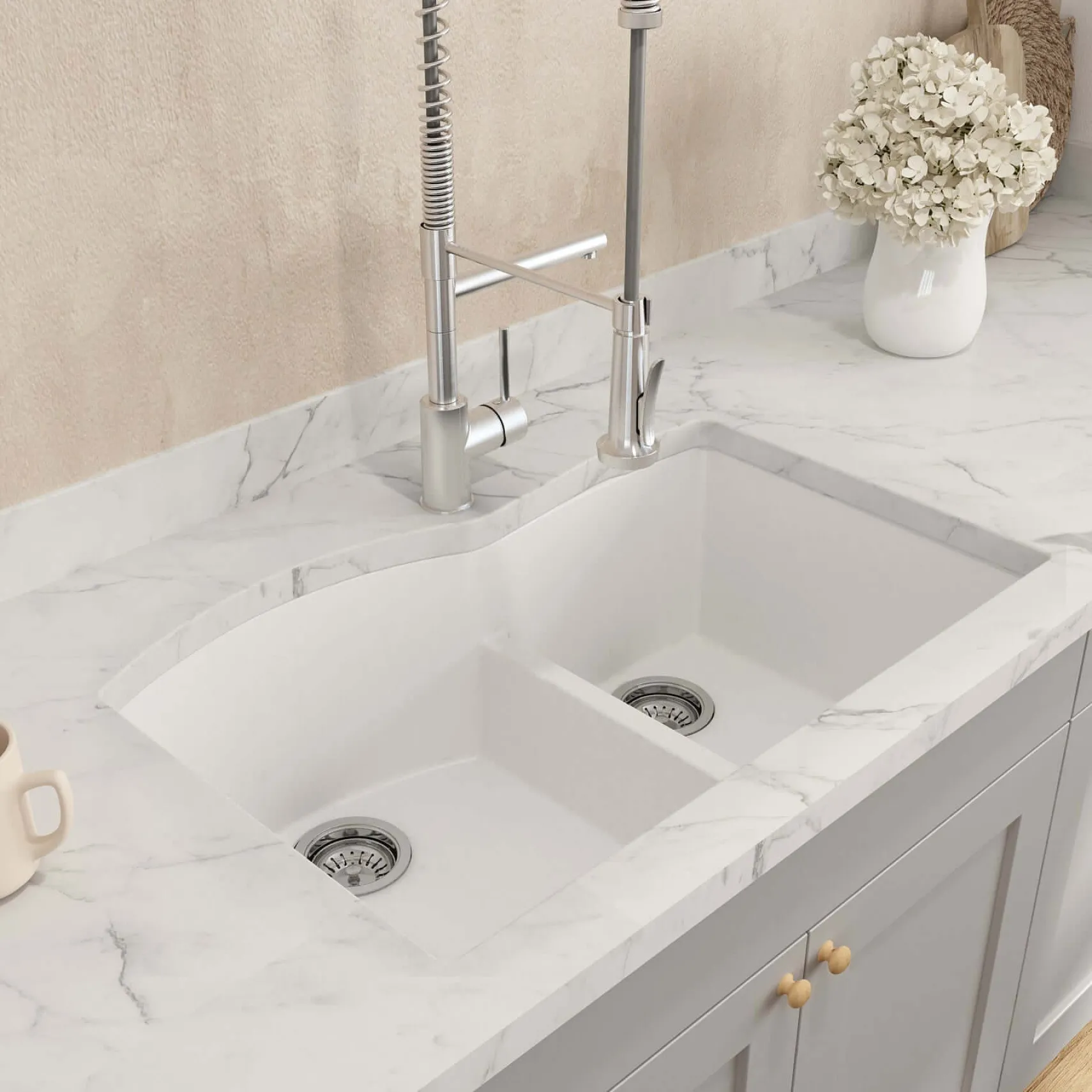 BOCCHI Campino Duo 33" Dual Mount Granite Kitchen Sink Kit with Accessories, 60/40 Double Bowl, Milk White, 1602-507-0126