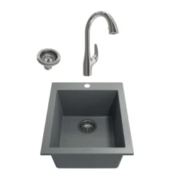 BOCCHI Campino Uno 16" Concrete Gray Rectangle Granite Bar/Prep Sink Kit with Stainless Steel Faucet and Accessories, 1608-506-2024SS