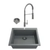 BOCCHI Campino Uno 24" Concrete Gray Dual Mount Granite Kitchen Sink Kit with Stainless Steel Faucet and Accessories, 1606-506-2020SS