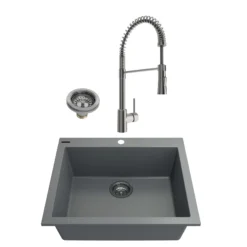 BOCCHI Campino Uno 24" Concrete Gray Dual Mount Granite Kitchen Sink Kit with Stainless Steel Faucet and Accessories, 1606-506-2020SS