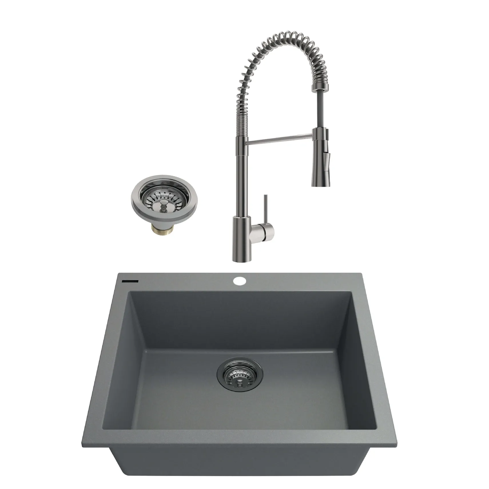BOCCHI Campino Uno 24" Concrete Gray Dual Mount Granite Kitchen Sink Kit with Stainless Steel Faucet and Accessories, 1606-506-2020SS