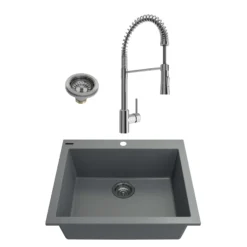 BOCCHI Campino Uno 24" Dual Mount Granite Kitchen Sink Kit with Faucet and Accessories, Concrete Gray (sink) / Chrome (faucet) , 1606-506-2020CH