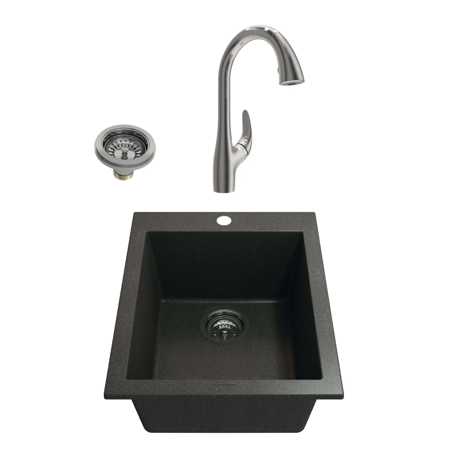 BOCCHI Campino Uno 16" Metallic Black Rectangle Granite Bar/Prep Sink Kit with Stainless Steel Faucet and Accessories, 1608-505-2024SS