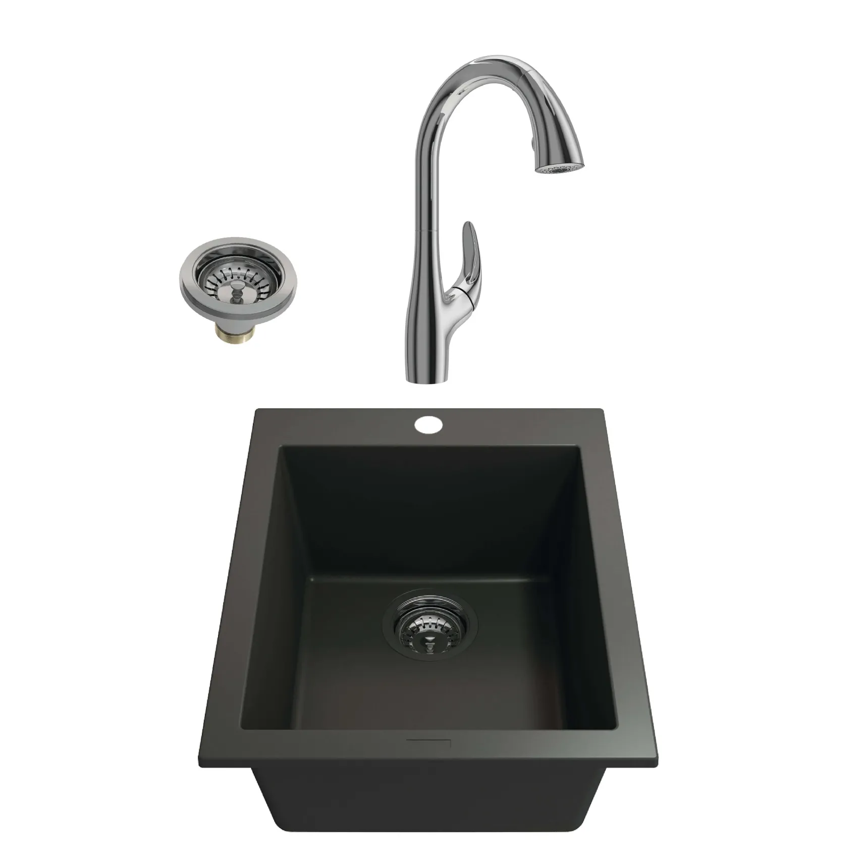BOCCHI Campino Uno 16" Rectangle Granite Bar/Prep Sink Kit with Faucet and Accessories, Matte Black (sink) / Chrome (faucet), 1608-504-2024CH