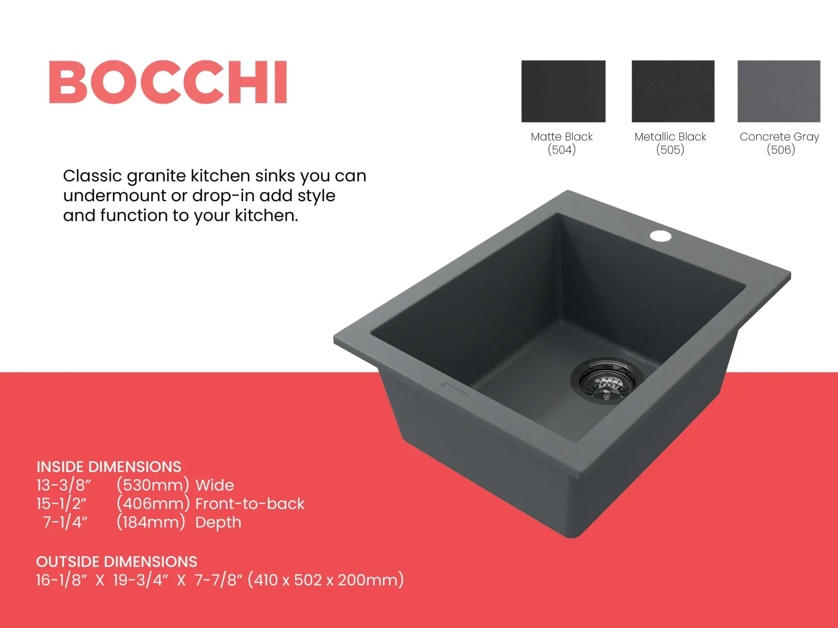 BOCCHI Campino Uno 16" Rectangle Composite Granite Bar/Prep Sink, Concrete Gray, 1608-506-0126