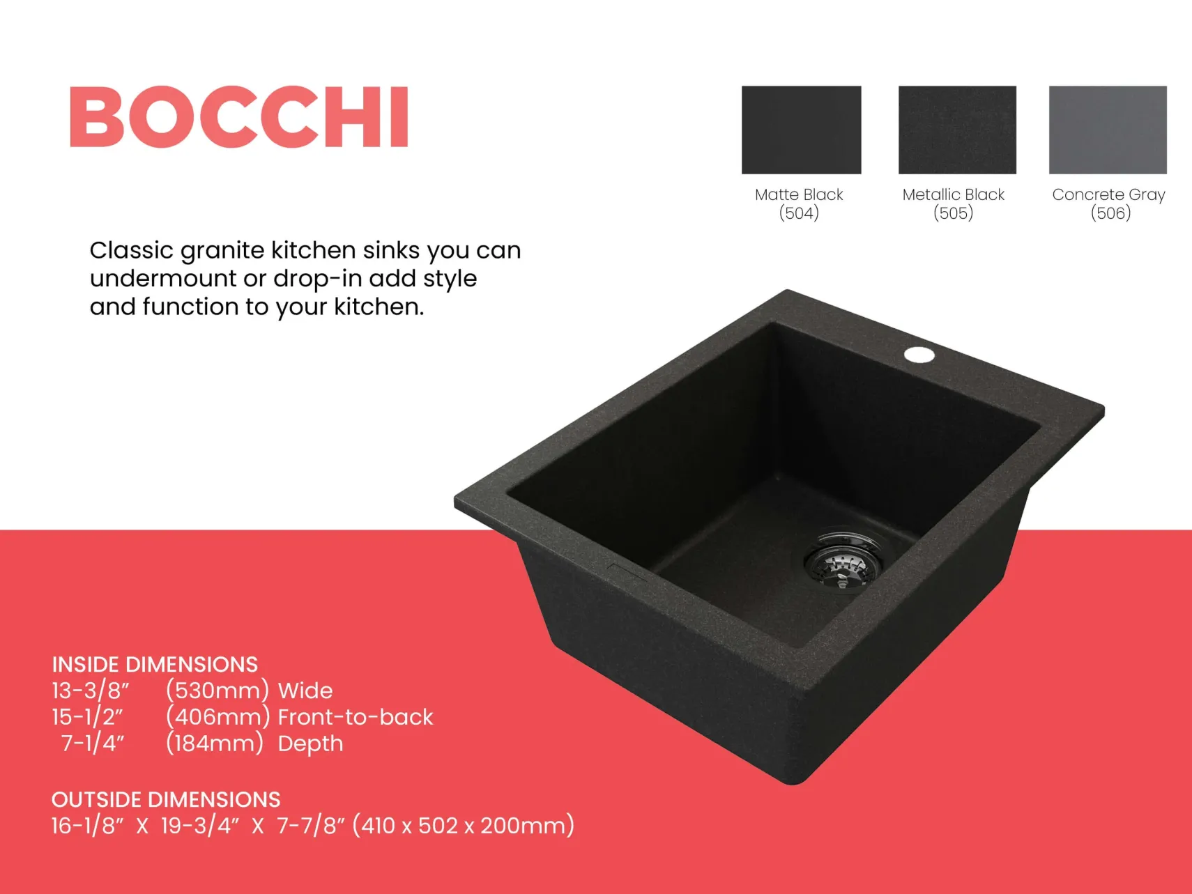 BOCCHI Campino Uno 16" Rectangle Composite Granite Bar/Prep Sink, Metallic Black, 1608-505-0126