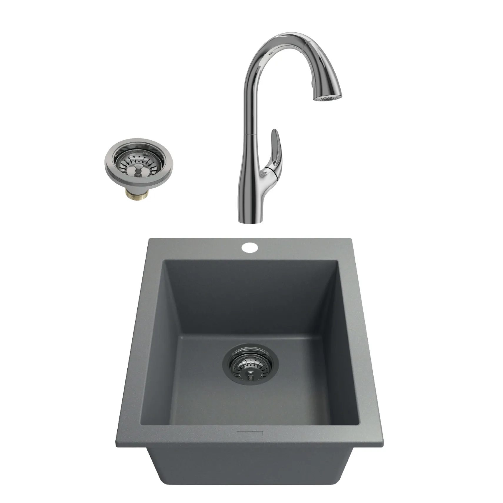 BOCCHI Campino Uno 16" Rectangle Granite Bar/Prep Sink Kit with Faucet and Accessories, Concrete Gray (sink) / Chrome (faucet) , 1608-506-2024CH