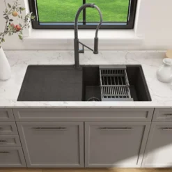 BOCCHI Levanzo 39" Dual Mount Granite Kitchen Sink Kit, Metallic Black, Includes Drainboard, 1635-505-0120