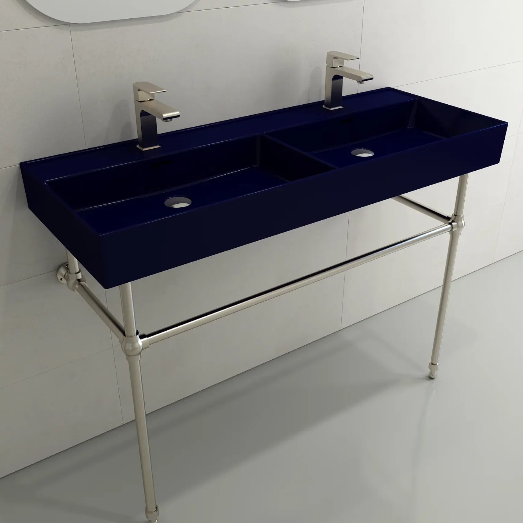 BOCCHI Milano 48" Rectangle Wallmount Fireclay Bathroom Sink, Double Basin, Sapphire Blue, Single Faucet Hole, 1393-010-0132