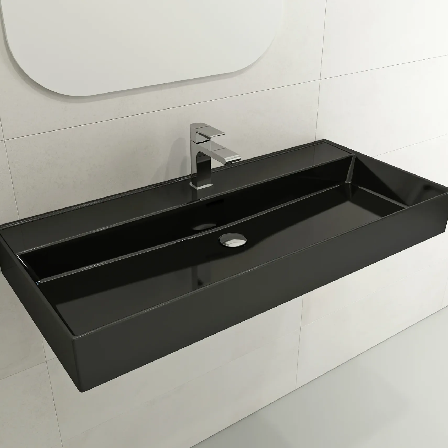 BOCCHI Milano 40" Rectangle Wallmount Fireclay Bathroom Sink, Black, Single Faucet Hole, 1378-005-0126