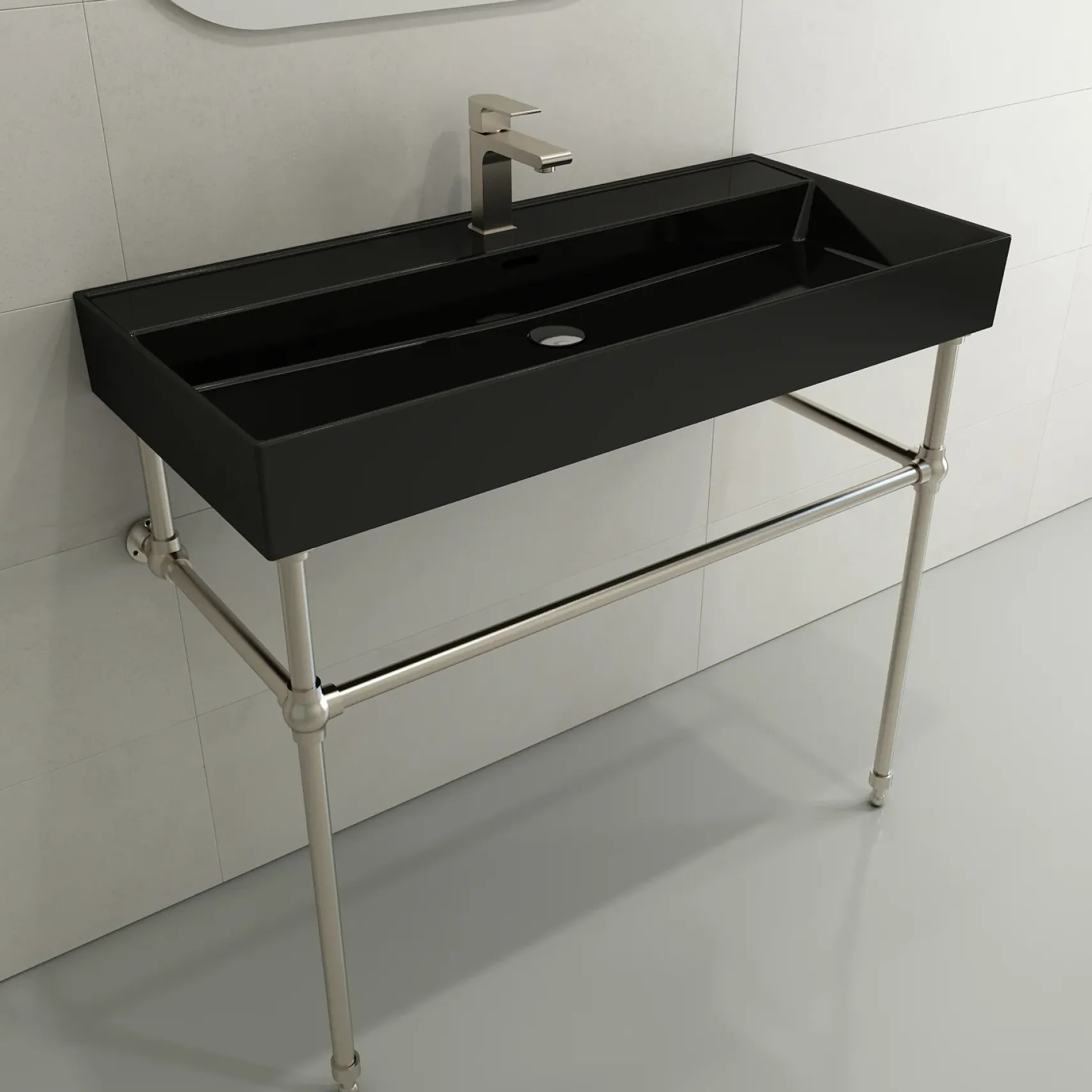 BOCCHI Milano 40" Rectangle Wallmount Fireclay Bathroom Sink, Black, Single Faucet Hole, 1378-005-0126