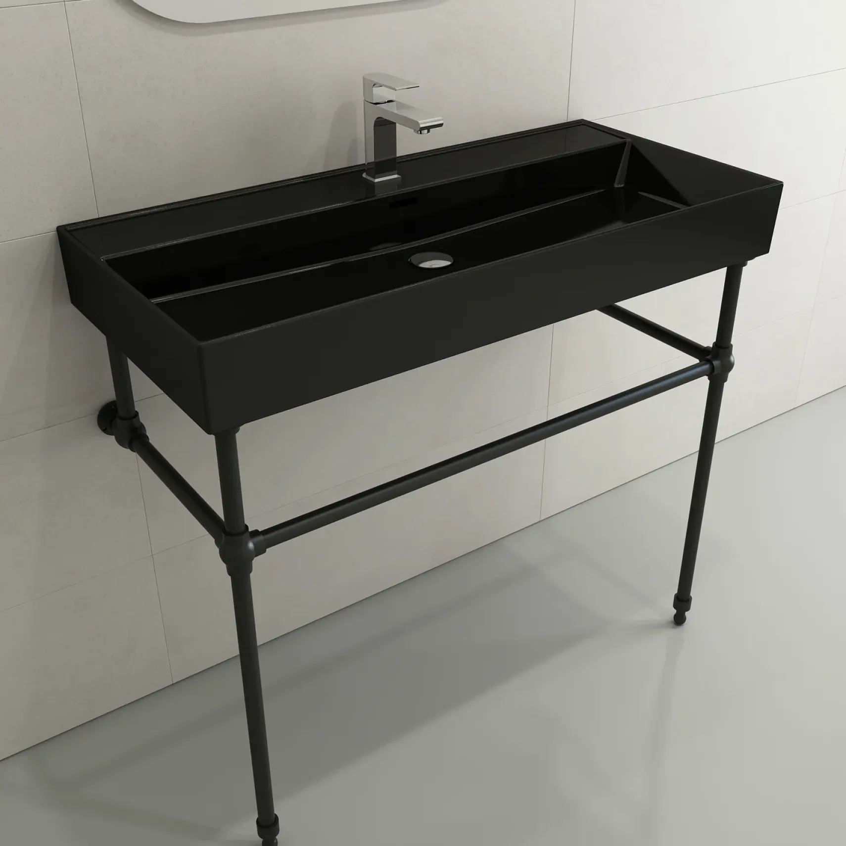 BOCCHI Milano 40" Rectangle Wallmount Fireclay Bathroom Sink, Black, Single Faucet Hole, 1378-005-0126