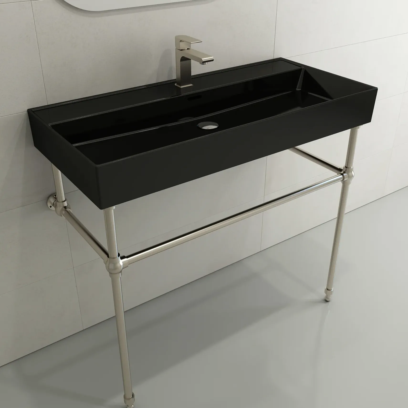 BOCCHI Milano 40" Rectangle Wallmount Fireclay Bathroom Sink, Black, Single Faucet Hole, 1378-005-0126