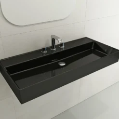 BOCCHI Milano 40" Rectangle Wallmount Fireclay Bathroom Sink, Black, 3 Faucet Hole, 1378-005-0127