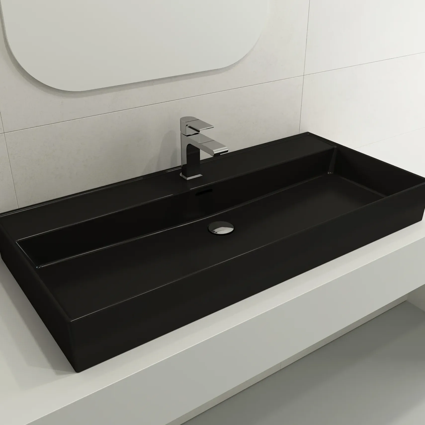 BOCCHI Milano 40" Rectangle Wallmount Fireclay Bathroom Sink, Matte Black, Single Faucet Hole, 1378-004-0126