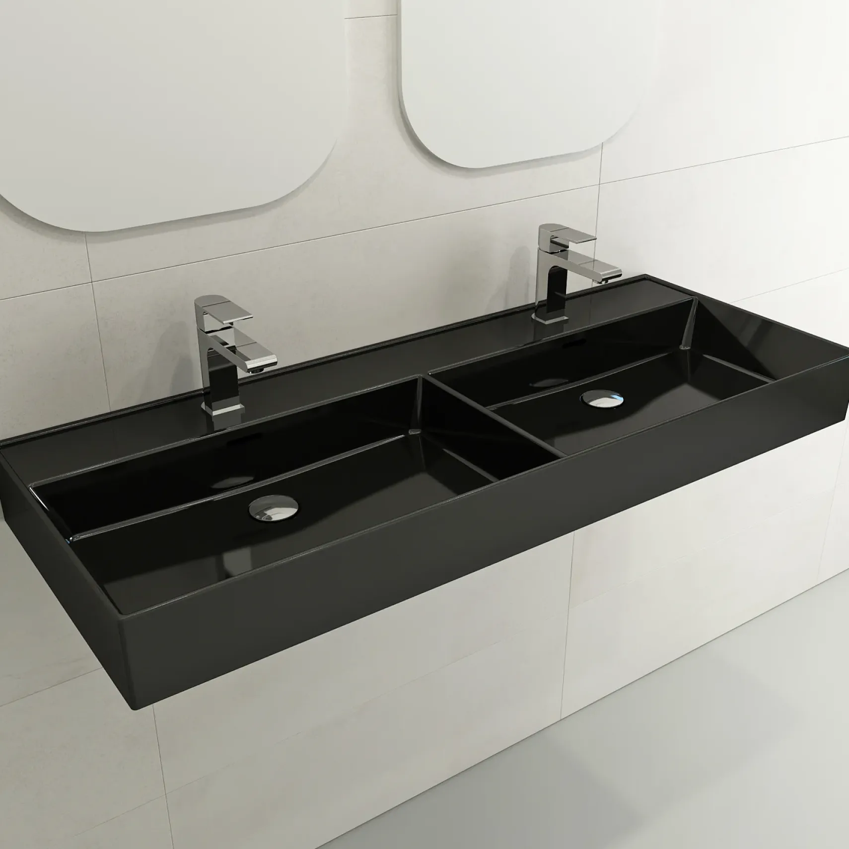 BOCCHI Milano 48" Rectangle Wallmount Fireclay Bathroom Sink, Double Basin, Black, Single Faucet Hole, 1393-005-0132
