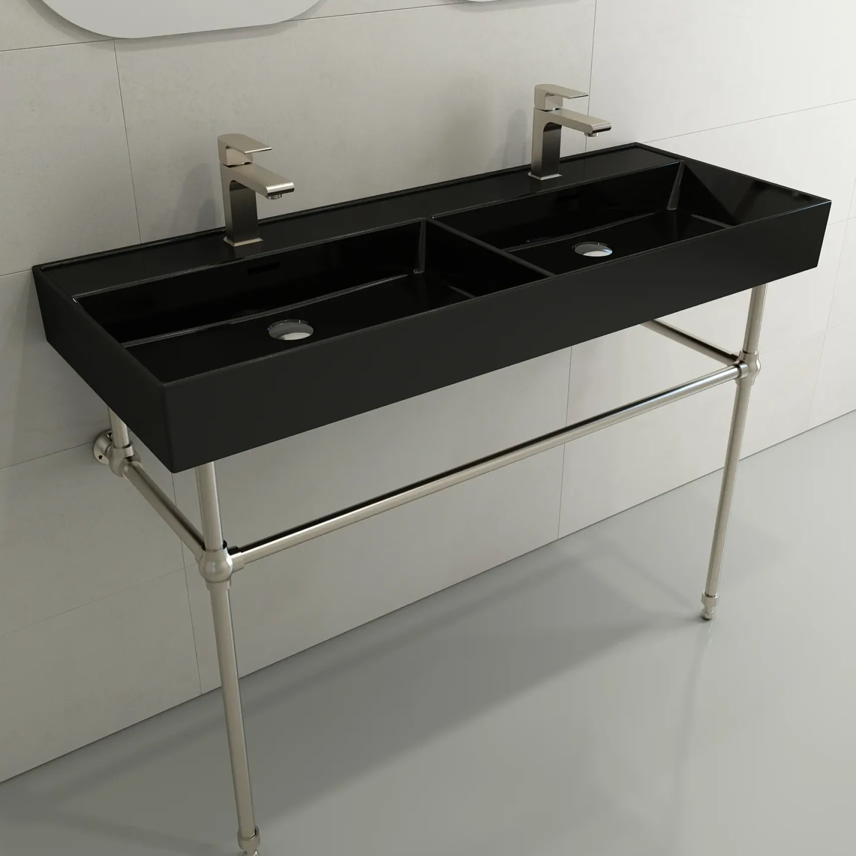 BOCCHI Milano 48" Rectangle Wallmount Fireclay Bathroom Sink, Double Basin, Black, Single Faucet Hole, 1393-005-0132