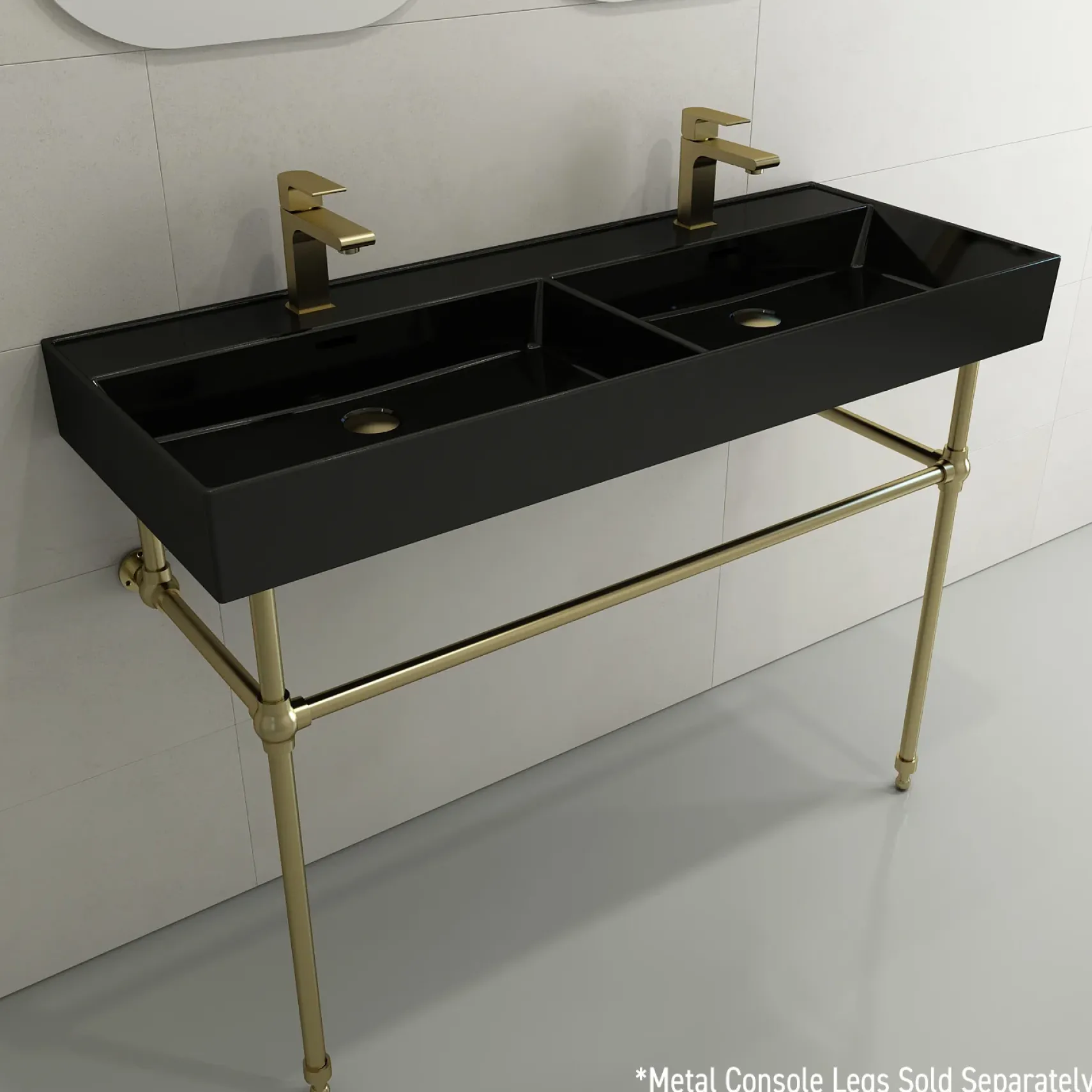 BOCCHI Milano 48" Rectangle Wallmount Fireclay Bathroom Sink, Double Basin, Black, Single Faucet Hole, 1393-005-0132