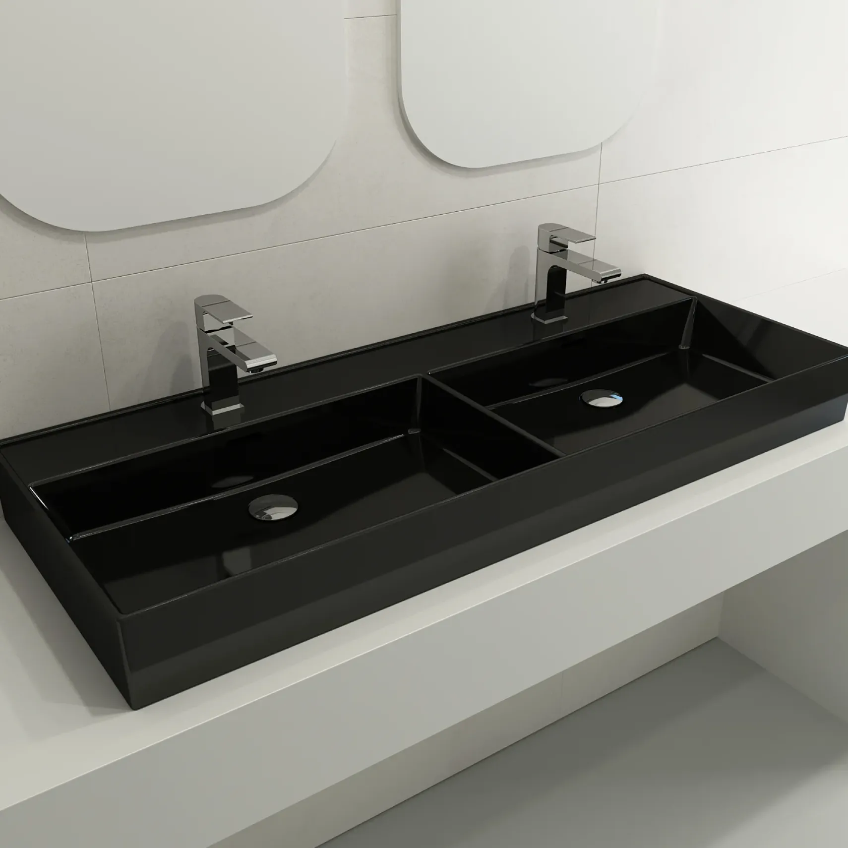 BOCCHI Milano 48" Rectangle Wallmount Fireclay Bathroom Sink, Double Basin, Black, Single Faucet Hole, 1393-005-0132