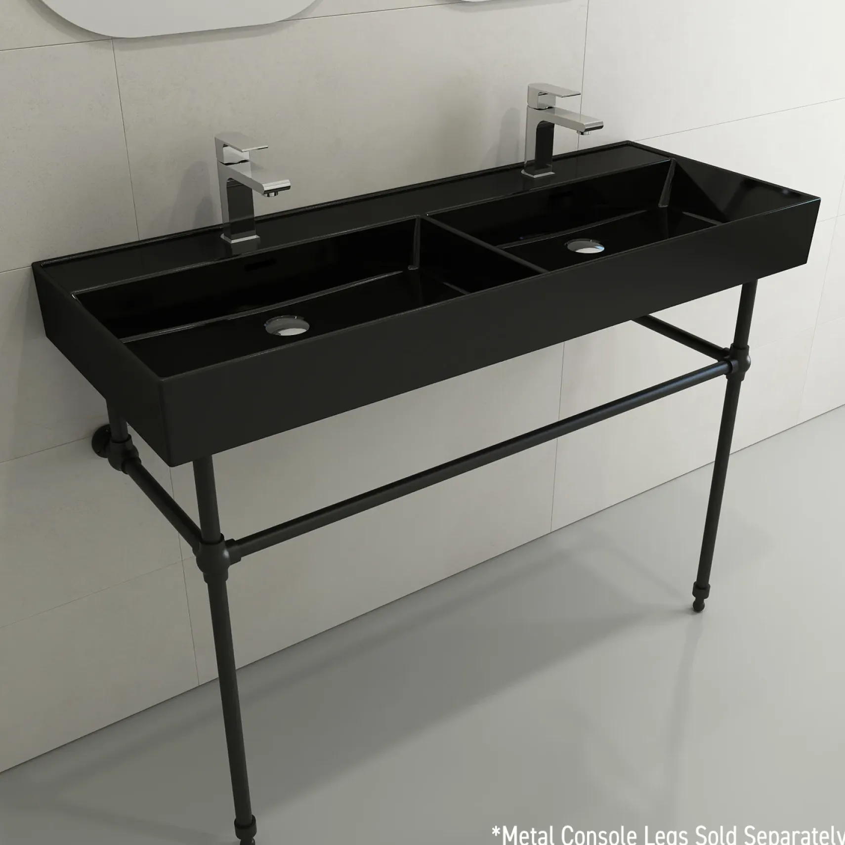 BOCCHI Milano 48" Rectangle Wallmount Fireclay Bathroom Sink, Double Basin, Black, Single Faucet Hole, 1393-005-0132