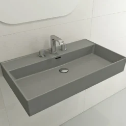 BOCCHI Milano 32" Rectangle Wallmount Fireclay Bathroom Sink, Matte Gray, 3 Faucet Hole, 1377-006-0127