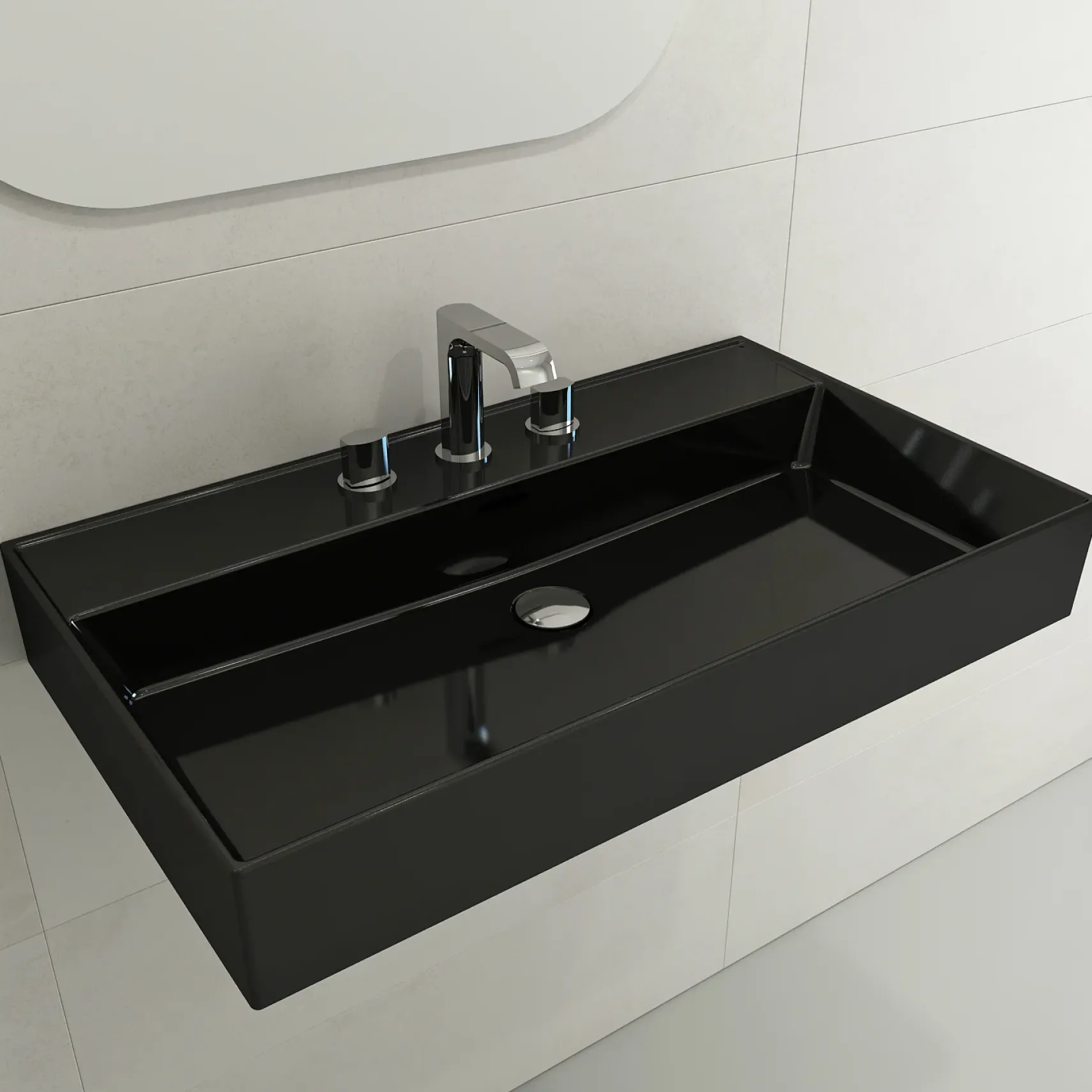 BOCCHI Milano 32" Rectangle Wallmount Fireclay Bathroom Sink, Black, 3 Faucet Hole, 1377-005-0127