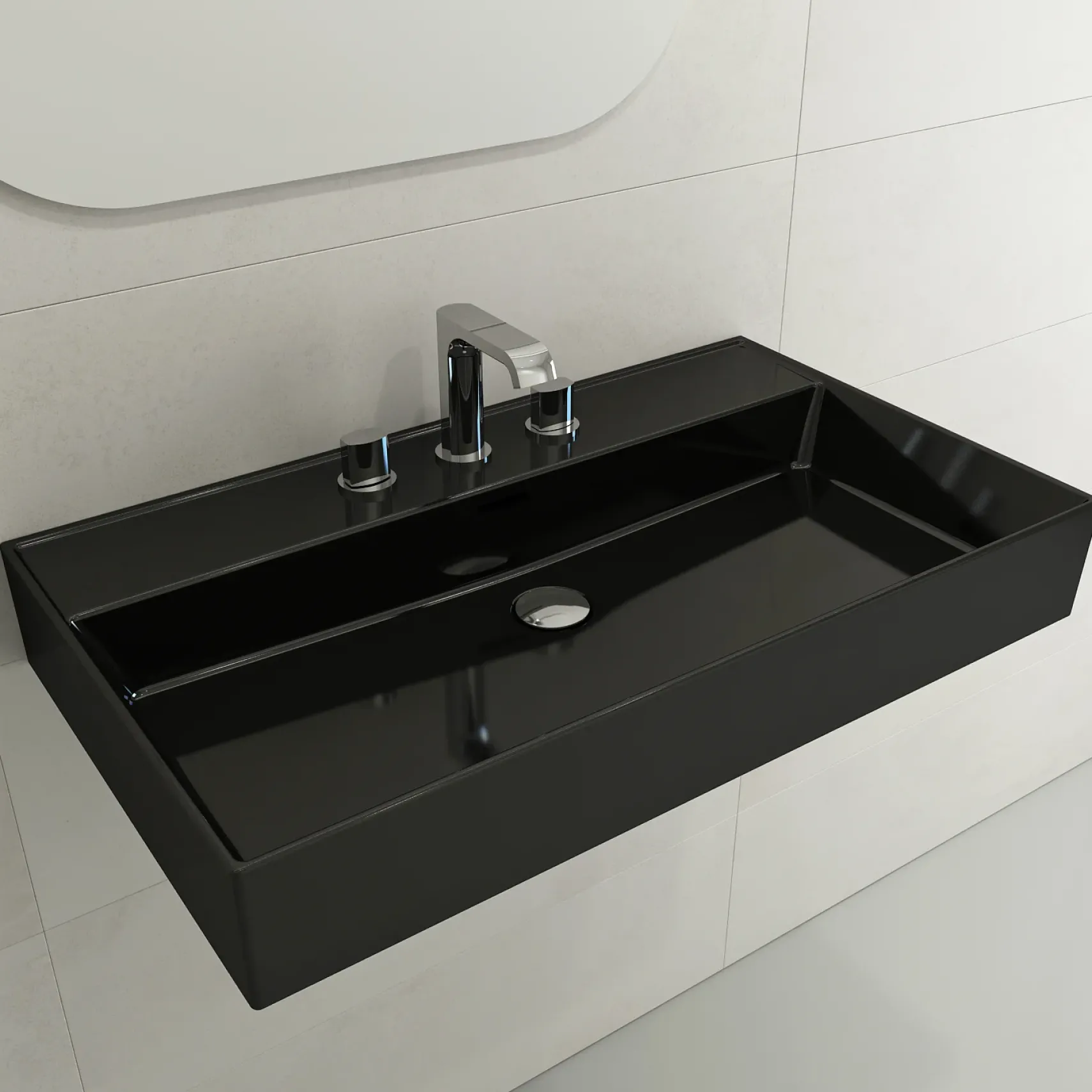 BOCCHI Milano 32" Rectangle Wallmount Fireclay Bathroom Sink, Black, 3 Faucet Hole, 1377-005-0127