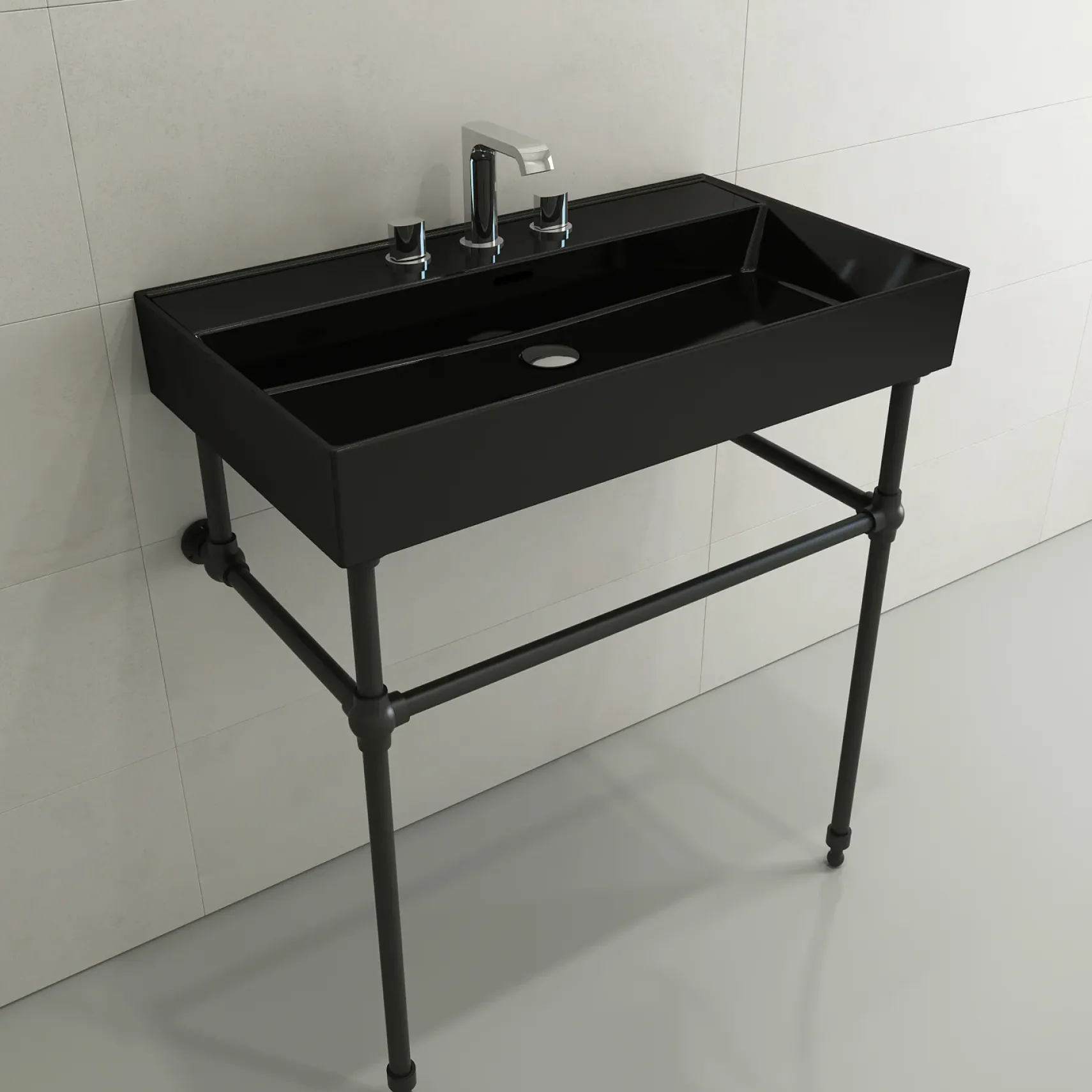 BOCCHI Milano 32" Rectangle Wallmount Fireclay Bathroom Sink, Black, 3 Faucet Hole, 1377-005-0127