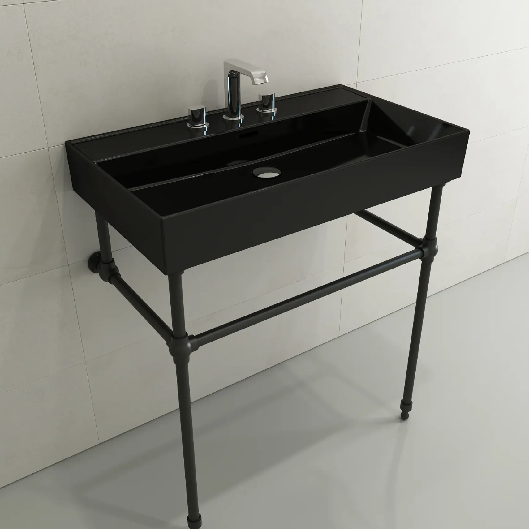 BOCCHI Milano 32" Rectangle Wallmount Fireclay Bathroom Sink, Black, 3 Faucet Hole, 1377-005-0127